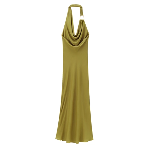 Women's Halter Cowl Neck Satin Midi Dress Elegant Backless Bodycon Evening Party Dress With Metal Ring Detail Olive Green