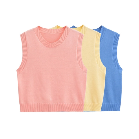Dames Ronde Hals Mouwloos Gebreide Bodywarmer Effen Kleur Ribgebreide Boord Ijs Zijde Trui Tanktop Casual Dagelijks