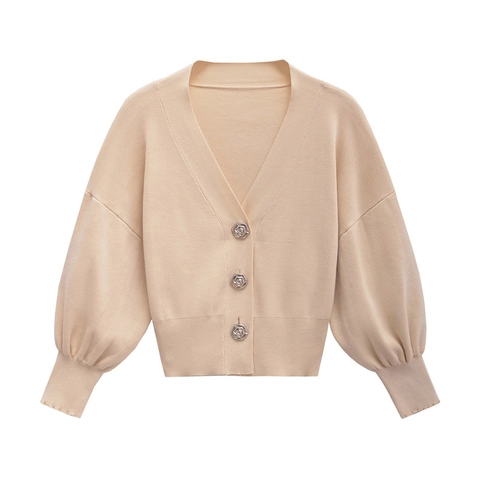 Women Elegant Knit Cardigan V Neck Lantern Sleeve Solid Color Sweater With Rose Buttons Casual Outerwear Tops For Daily