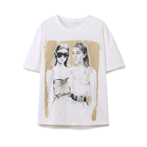 Damen Casual Baumwollmischung T-Shirt Rundhals Kurzarm Kunstvoller Porträtdruck Mode Oberteil Für Den Alltag Weiß