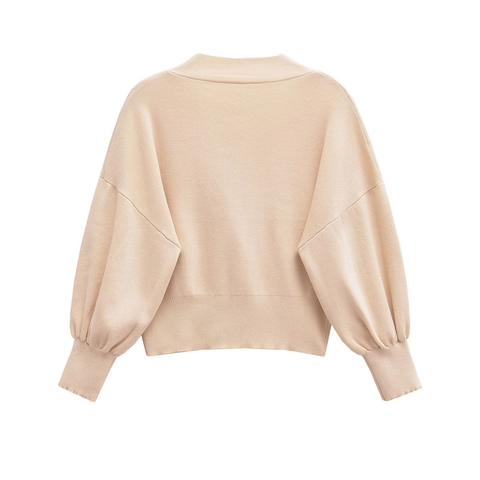 Women Elegant Knit Cardigan V Neck Lantern Sleeve Solid Color Sweater With Rose Buttons Casual Outerwear Tops For Daily