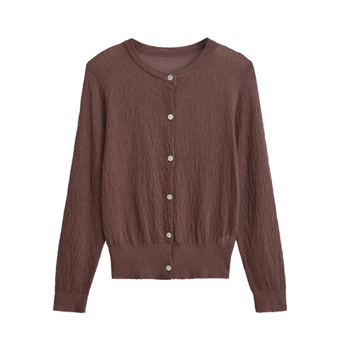 Damen Texturiert Strickjacke Einfarbig Rundhalsausschnitt Einreihig Langarm Schlanke Passform Kurz Strickmantel