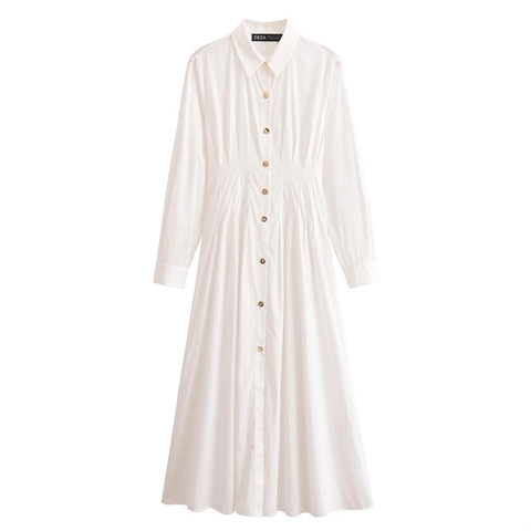 Abito a Camicia da Donna a Maniche Lunghe Collo a Punta Monopetto Vita a Pieghe Linea a A Abito Midi Bianco Ufficio