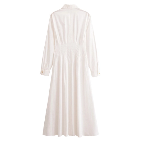 Abito a Camicia da Donna a Maniche Lunghe Collo a Punta Monopetto Vita a Pieghe Linea a A Abito Midi Bianco Ufficio