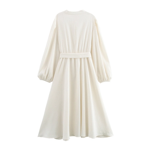 Damen Elegant Off-White Langarm Maxi Kleid Laternenärmel Stehkragen Goldknöpfe Strukturiert Jacquard A-Linie Kleid mit Gürtel
