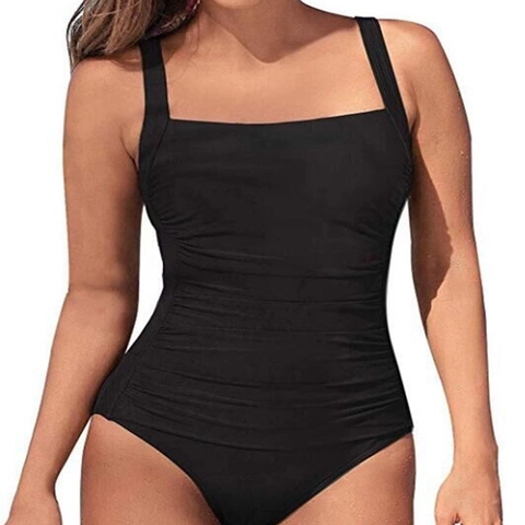 Women's Ruched One-Piece Swimsuit Tummy Control Bathing Suit Square Neck Wide Straps Solid Sexy Slim Fit Beachwear