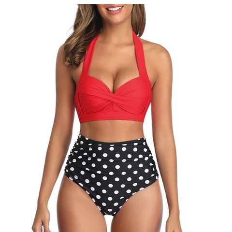 Women Halter Bikini Set High Waisted Tropical Print Twist Knot Swimsuit Two Piece Bathing Suit Slimming Beachwear Nylon Spandex
