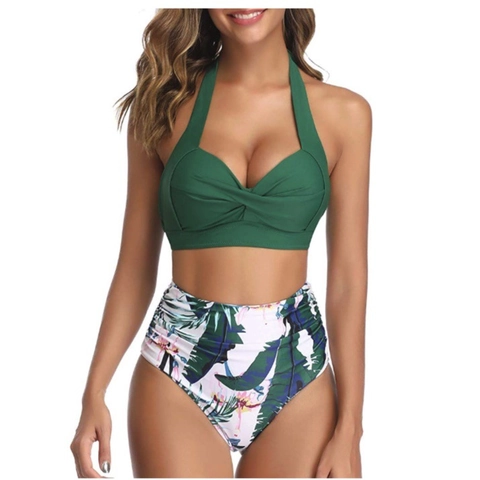 Women Halter Bikini Set High Waisted Tropical Print Twist Knot Swimsuit Two Piece Bathing Suit Slimming Beachwear Nylon Spandex