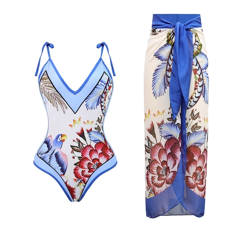 Vintage Tropical Print One-Piece Swimsuit And Sarong Set For Women Ruffle One Shoulder Tummy Control Bathing Suit Beachwear