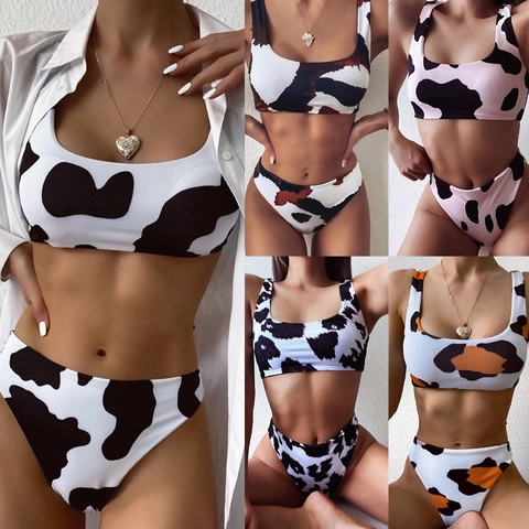 Women Sexy Cow Print Bikini Set Ribbed Top And Bottoms High Cut Bathing Suit Sporty Swimsuit Beachwear Summer Vacation