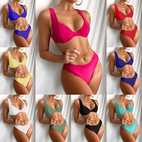 Women Sexy Solid Color Underwire Bikini Set High Waist Padded Two Piece Swimsuit Beachwear Bathing Suit For Summer Vacation