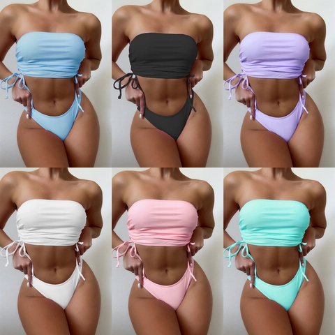 Women Ruched Bandeau Bikini Ruched Two Piece Swimsuit Drawstring Side High Cut Triangle Bottom Beachwear Bathing Suit