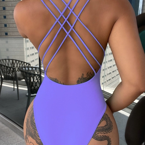 Vrouwen Badpak uit Eén Stuk Sexy Kruislingse Rug Multi-strap Diepe V-hals Gewatteerde Monokini Hoge Uitsnijding Strandkleding