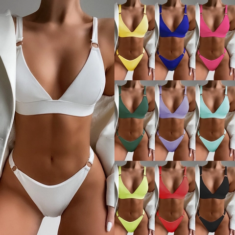 Women Ribbed Bikini Top And Bottom Swimsuit With Metal Rings Solid Color Sexy Triangle Cup High Cut Bathing Suit