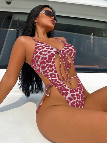 Women Sexy Leopard Print Cut Out One Piece Swimsuit Lace Up Monokini High Cut Bathing Suit For Beach Vacation
