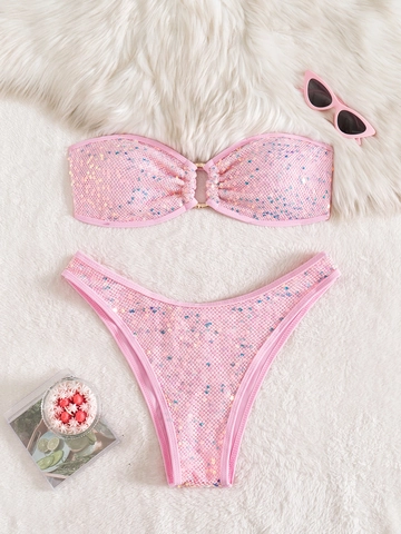 Sexy Sequin Bandeau Bikini Set Two Piece Swimsuit High Cut Thong Bathing Suit With Metal Ring For Women Beach Vacation