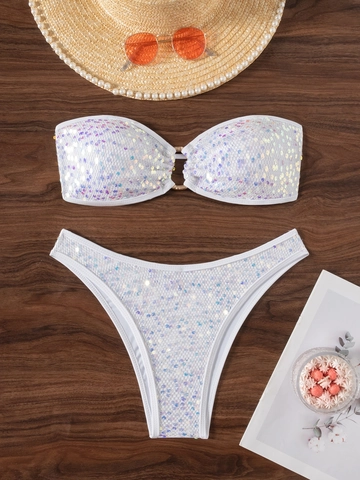 Sexy Sequin Bandeau Bikini Set Two Piece Swimsuit High Cut Thong Bathing Suit With Metal Ring For Women Beach Vacation