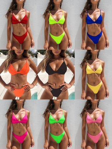 Women Bikini Set Triangle Cup Padded Swimsuit High Cut Solid Color Bathing Suit For Beach Pool Vacation Summer Swimwear