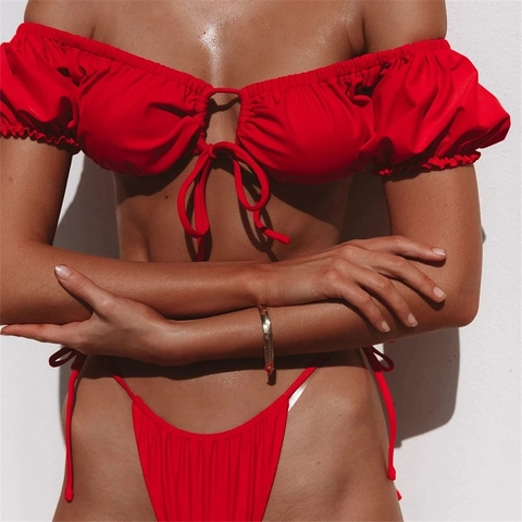Women Sexy Off-Shoulder Puff Sleeve Bikini Set Red Two Piece Swimsuit With Drawstring And Side Tie Beachwear Bathing Suit