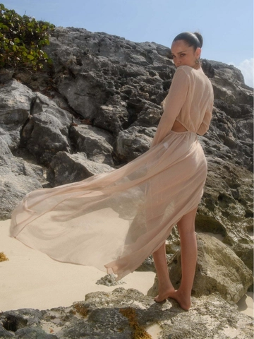 Vestito Copricostume da Spiaggia a Maniche Lunghe in Chiffon da Donna Con Top Bikini a Triangolo E Slip Con Lacci per Vacanze Estive