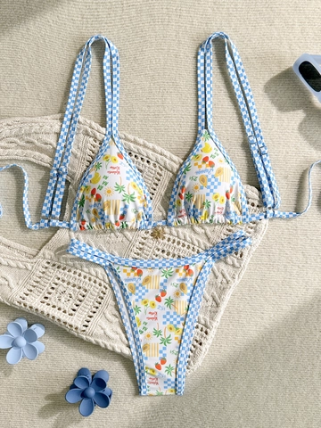 Ensemble Bikini Sexy pour Femmes Imprimé Floral Fruits Tropicaux Vichy Dos Nu Top Triangle Maillot de Bain Coupe Haute