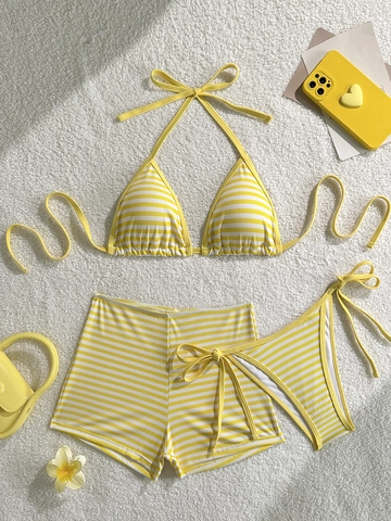 Set Bikini Donna Tre Pezzi a Righe Gialle e Bianche Con Top a Triangolo a Neckholder Slip e Pantaloncini a Costine