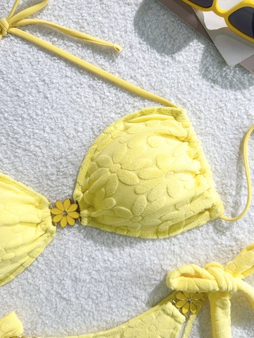 Bikini Dos Nu Jaune Sexy pour Femmes Ensemble Deux Pièces Maillot de Bain Tissu Jacquard Floral Décor Marguerite