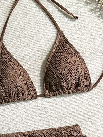 Bikini Halter Para Mujer Con Braga De Lazo Y Falda De Malla Encaje De Ganchillo Patrón De Hoja Color Sólido Traje De Baño