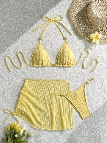 Halter Triangle Bikini Top Matching Bottoms And Drawstring Cover Up Skirt Textured Solid Color Swimsuit For Women Vacation