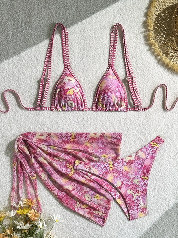 Women Floral Bikini Set With Sarong Wrap Sexy Triangle Padded Swimsuit For Beach Vacation Ladies Swimwear