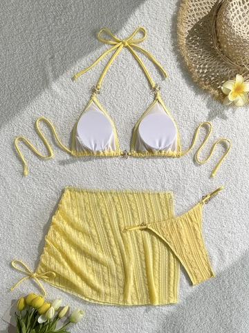 Halter Triangle Bikini Top Matching Bottoms And Drawstring Cover Up Skirt Textured Solid Color Swimsuit For Women Vacation