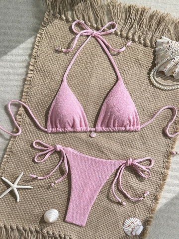 Women Sexy Halter Triangle Bikini Top And Bottoms Solid Color Crinkle Texture Swimsuit Shell Decor Tie Side Beach Vacation