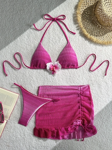 Sexy Verlauf Bikini Halter Top Unten Und Geraffter Mesh Minirock Bademode Strand Swimsuit Mit Blumen Dekoration