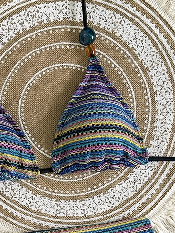Conjunto de Bikini de Punto a Rayas Bohemio para Mujer de Tres Piezas Traje de Baño Halter Con Decoración de Cuentas Y Pareo Cover Up Ropa de Playa