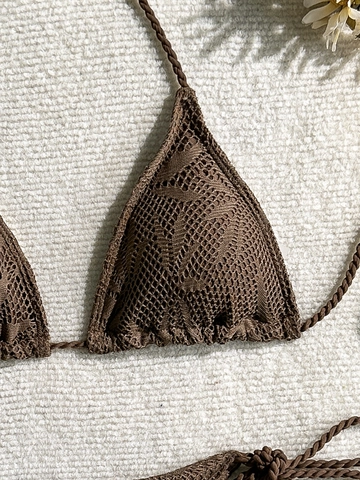 Women Crochet Bikini Set Bohemian Beach Swimwear Triangle Top And Side Tie Tassel Bottom Vacation Bathing Suit