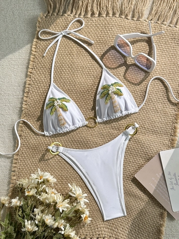 Ensemble Bikini Blanc Sexy pour Femmes Avec Broderie Palmier Anneaux Métalliques Dorés Haut et Bas de Maillot de Bain