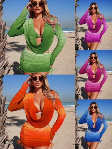 Women's Sexy Ombre Bikini Set With Long Sleeve Knitted Cover-up Top And Drawstring Beach Skirt Gradient Swimwear Suit