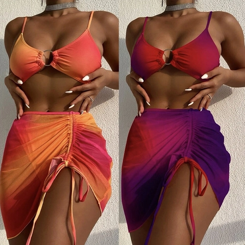 Bikini Sexy da Donna Sfumato Include Sopra Sotto E Gonna in Rete Con Coulisse Anello Metallo Costume da Bagno Ombre Mare