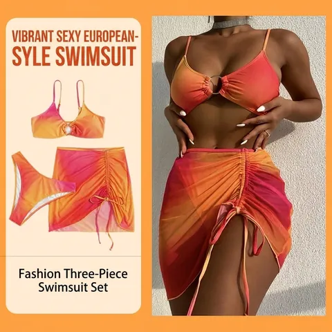 Bikini Sexy da Donna Sfumato Include Sopra Sotto E Gonna in Rete Con Coulisse Anello Metallo Costume da Bagno Ombre Mare