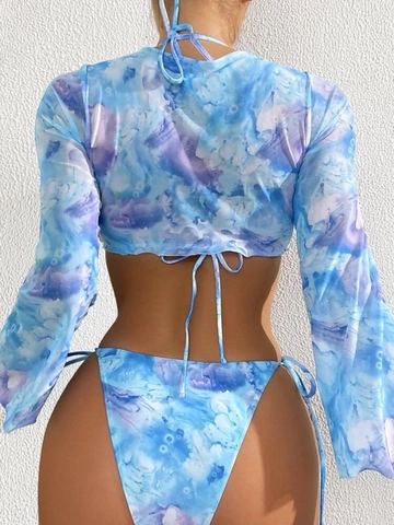 Sexy Top Bikini Fondo Bikini E Copricostume in Mesh Manica Lunga Allacciatura Frontale Stampa Acquerello Moda Mare Spiaggia Donna