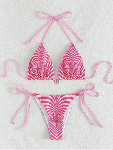 Sexy Rosa Gestreiftes Herz Muster Bikini Set Für Damen Halter Schnürung Badeanzug Mit Herz Anhänger Mode Strandmode Bademode