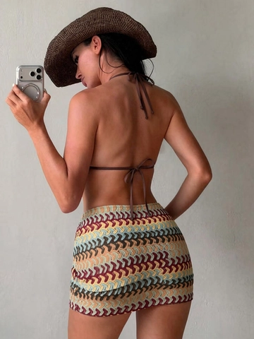 Set Bikini all'Uncinetto Bohemien per Donna Motivo a Onde Halter Top And Bottom Con Gonna Coulisse Costume da Bagno