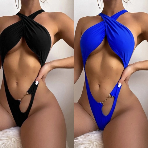 Donna Sexy Monokini Incrocio all'Americana Intagliato Sgambato Costume da Bagno Con Catena in Metallo Imbottito Tinta Unita