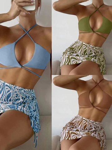 Costume da Bagno Donna Sexy Stampa Floreale Halter Bikini Top E Slip E Gonna Mini Coordinata Con Coulisse Beachwear