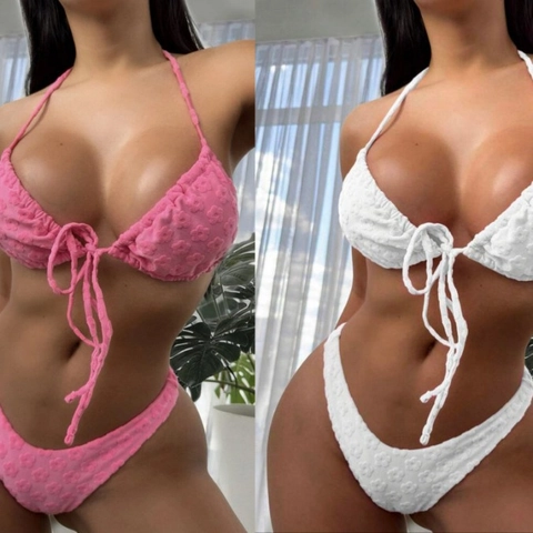 Women's Sexy Bikini Set Floral Embossed Halter Neck Two-Piece Swimsuit Lace-up High Cut Bathing Suit Beachwear