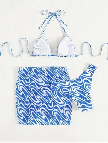 Women Halter Neck Bikini Top Matching Bottom And Drawstring Beach Skirt Polyester Spandex Marble Wave Print Swimsuit
