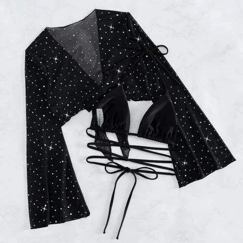 Sexy Black Bikini And Mesh Long Sleeve Cover Up Solid Sparkling Sequins Swimsuit For Women Beach Party Vacation