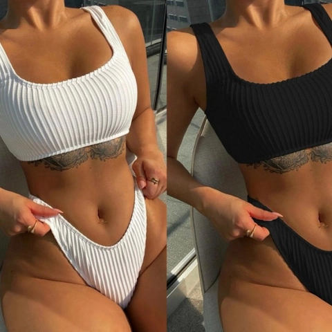 Women Sexy Ribbed Bikini Set Square Neck Two Piece Swimsuit High Cut Bathing Suit Solid Color Beachwear Summer Swimwear