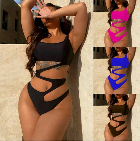 Women Sexy One Piece Cut Out Swimsuit Solid Color Strappy Monokini Backless High Cut Bathing Suit Beachwear For Women