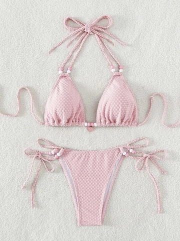 Conjunto de Bikini Sexy para Mujer Halter Atado a los Lados Textura de Gofre Traje de Baño de Dos Piezas Con Adorno de Cuentas Fresa